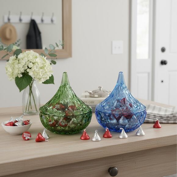 NIB Godinger Hershey's Kisses Iridescent Candy Dishes | 1 Blue & 1 Green  | 5" - Picture 1 of 4